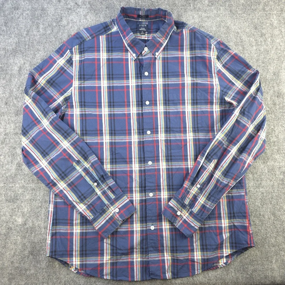 J Crew Flex Washed Shirt XL Blue Plaid Long Sleeve Button Down‎ Classic Stretch